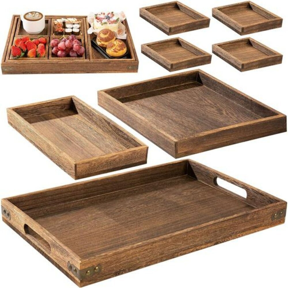 Yangbaga Rustic Wooden Serving Tray Set Decorative Nesting Platters with Handles